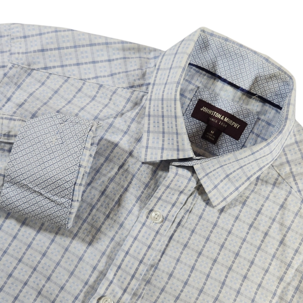 Johnston & Murphy Shirt Men's Medium Blue Plaid Business Office Casual Flip Cuff